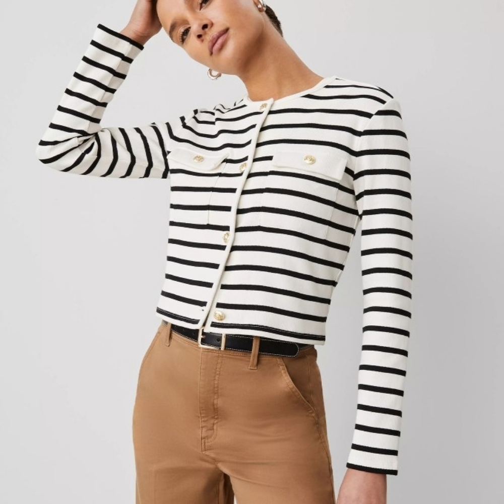 Ann Taylor Weekend Nautical Stripe Lady Jacket Cropped Parisian Cardigan XLP